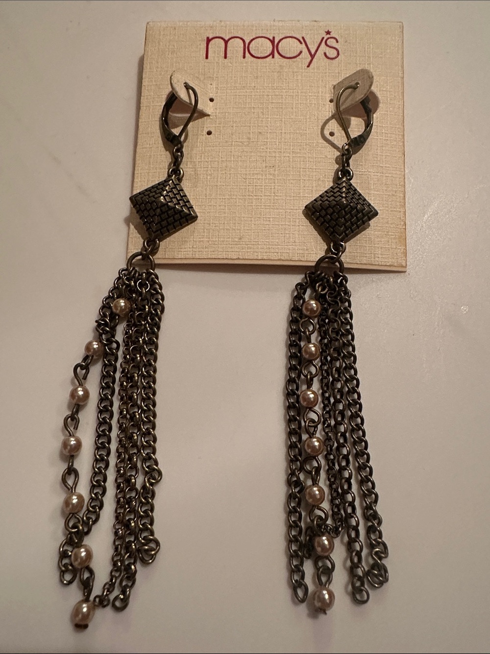 Macy's Gunmetal Chain Tassel Earrings with Faux Pearls